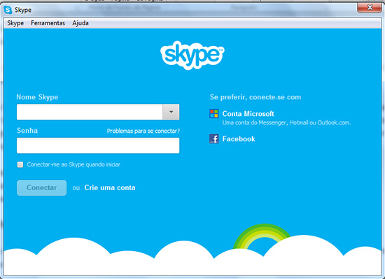 Tela inicial Migrar contatos MSN Skype